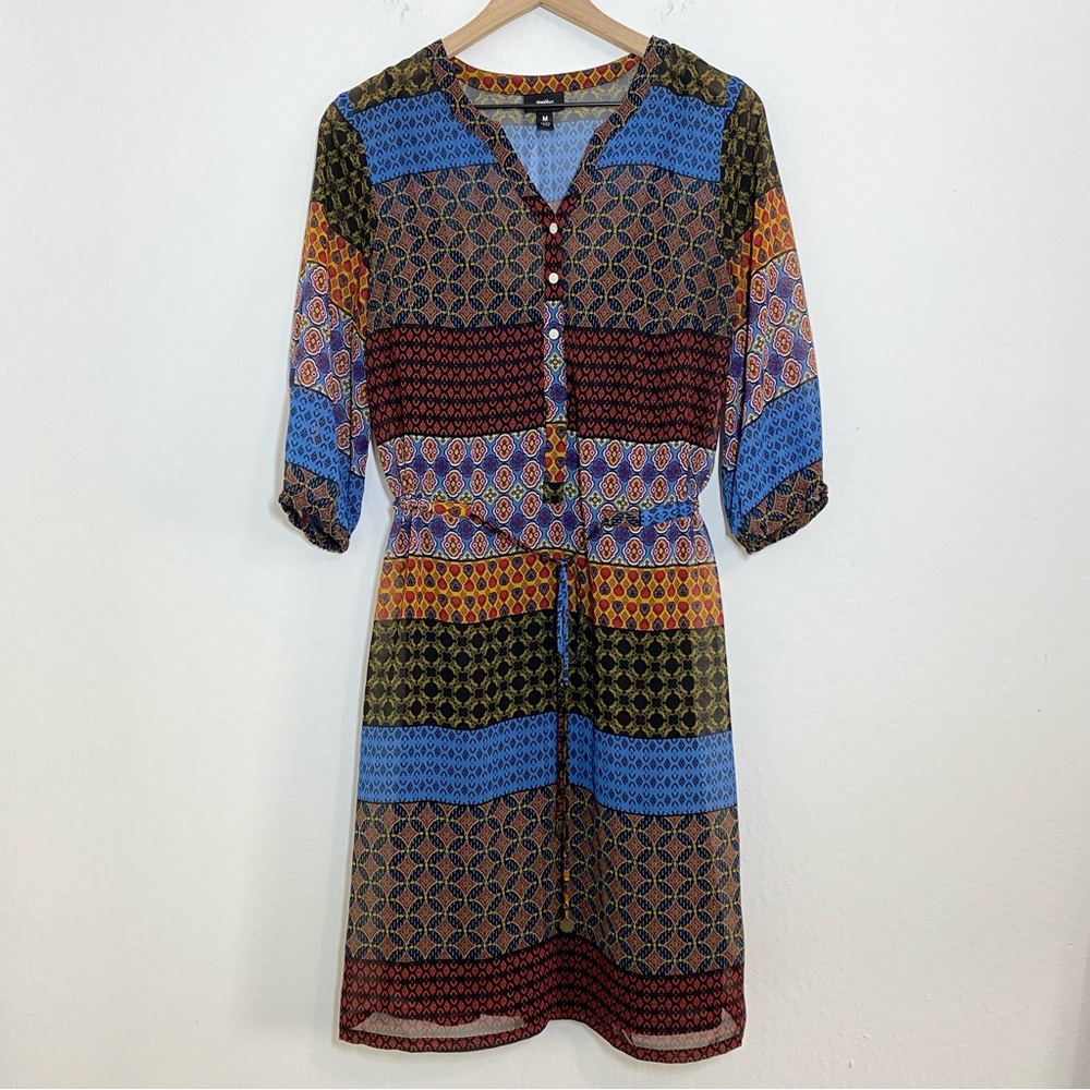 Mossimo Women’s M Colorful Print Sheer Overlay Tunic Style Dress Half Sleeve